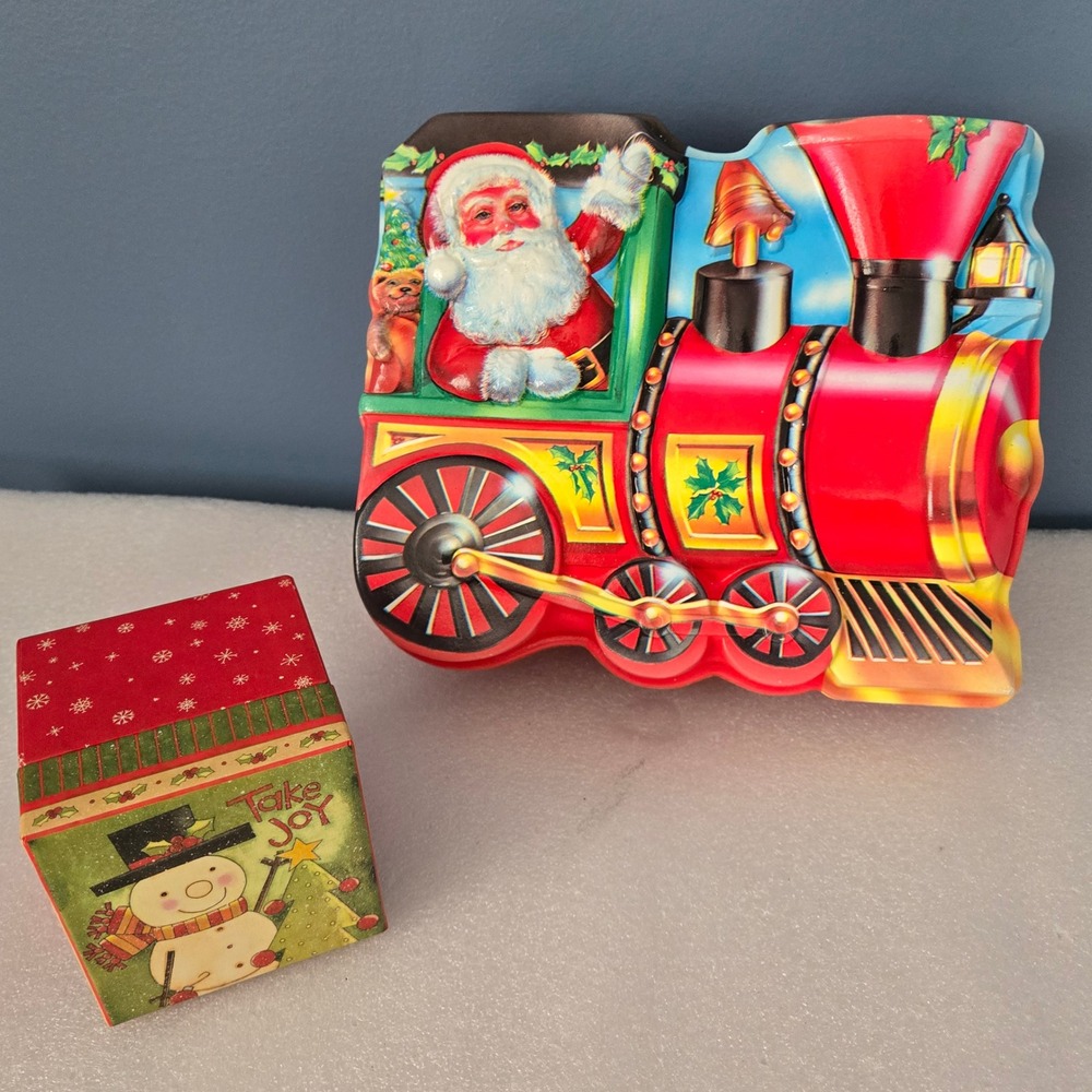 Vintage Santa Claus Train Christmas Tin & Lang Snowman Take Joy Gift Box Set